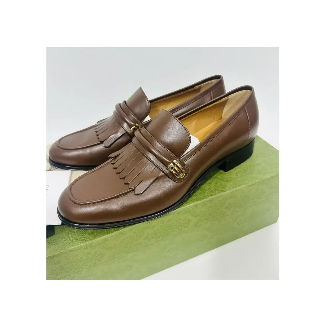 NIB Gucci Mirrored G Size 8.5 US 9 Fringed Loafer Brown Italian Leather Shoe
